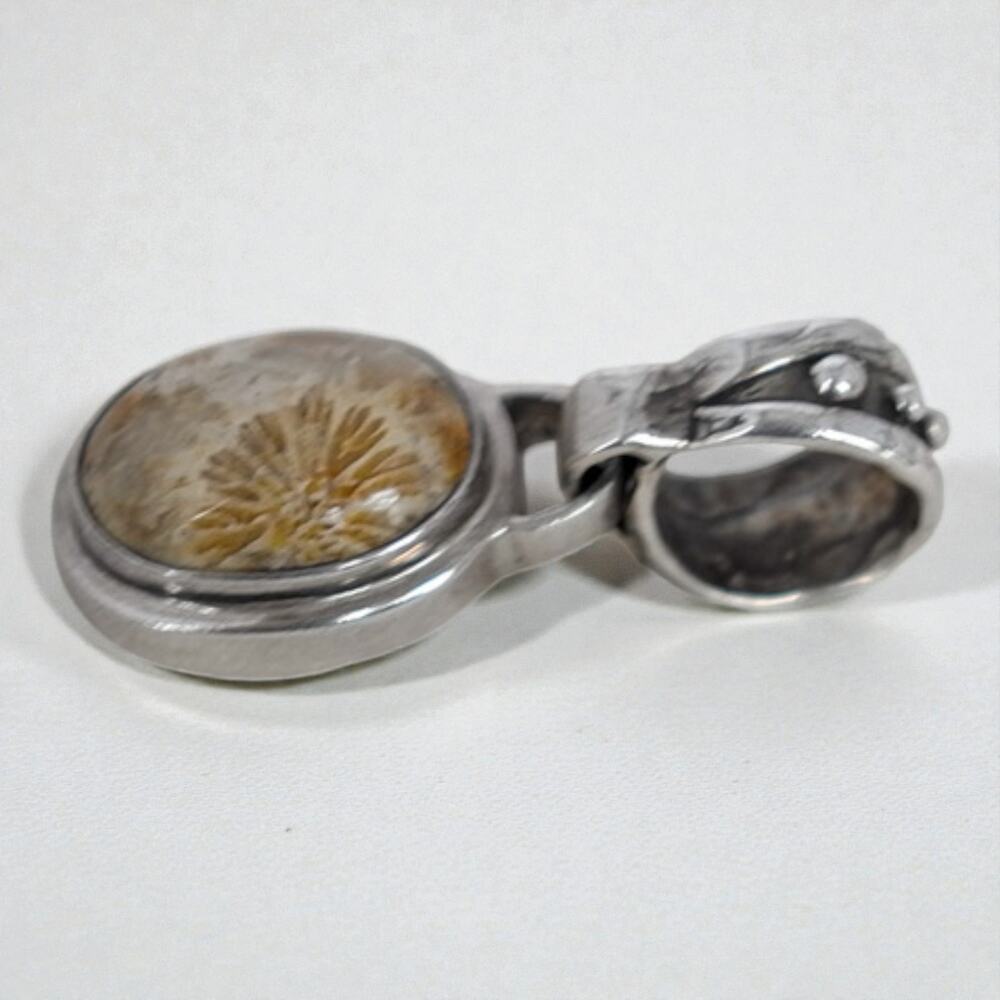 Shreve Saville Signed Sterling Silver Fossilized Coral Oval Pendant 11.3g View 6
